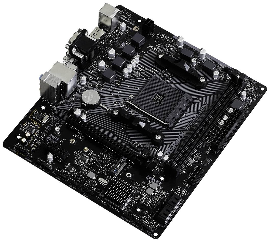 Eine schwarze Computer-Mainboard-Platine mit zahlreichen Anschlüssen, Steckplätzen und elektronischen Bauteilen.