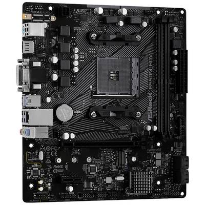 Eine Computer-Mainboard mit verschiedenen Steckplätzen, Anschlüssen und Komponenten. Modellname 'ASRock B550M-HDV' ist sichtbar.