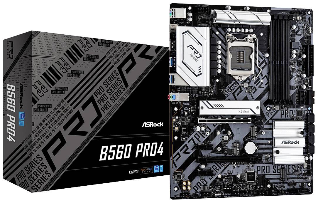 Eine ASRock B560 PRO4 Hauptplatine und ihre Verpackung. Die Hauptplatine zeigt Slots und Anschlüsse für PC-Bauteile.