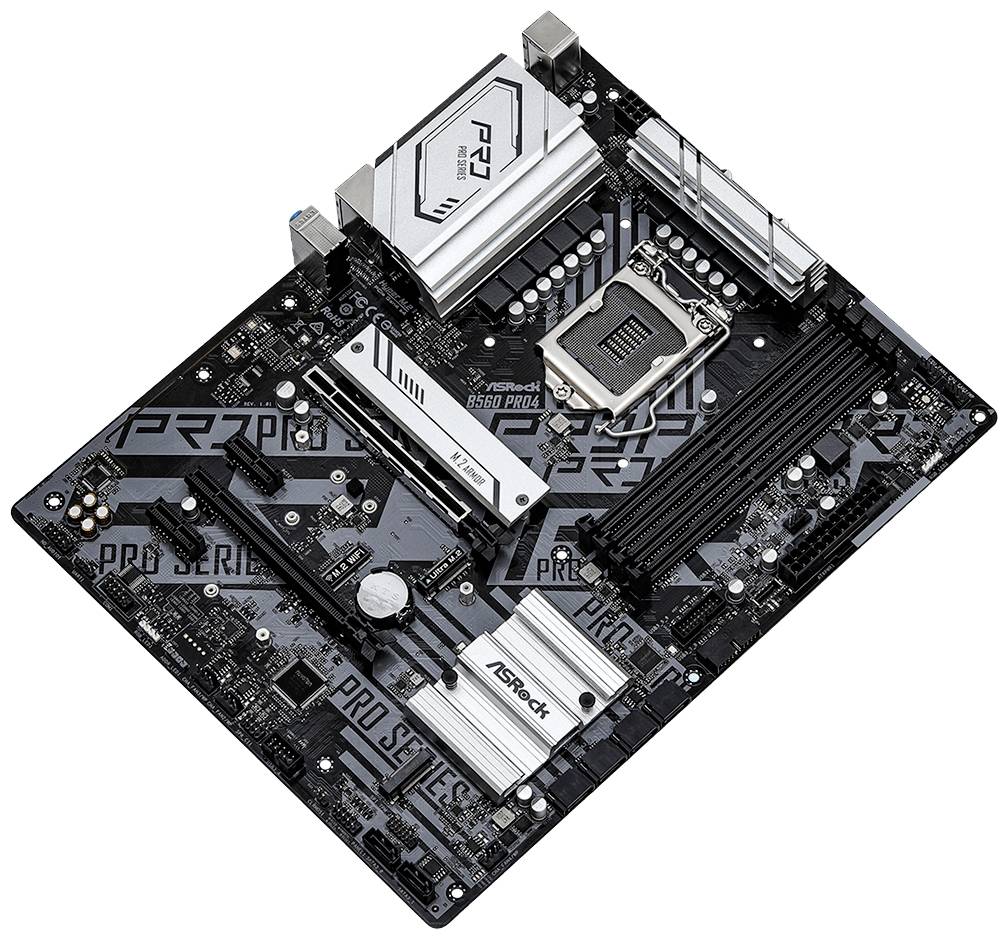 Das Bild zeigt ein ASRock Mainboard aus der PRO Serie, Modell B560 Pro4. Sichtbar sind verschiedene Anschlüsse und Slots für PC-Komponenten.