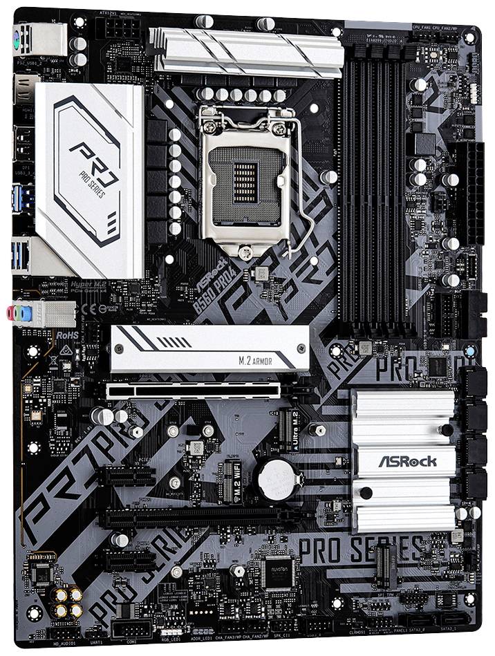 Eine ASRock-Pro-Serie-Motherboard, Modell B660M Pro RS, mit erweiterten Kühlkörpern und mehreren Steckplätzen für RAM und Erweiterungskarten.