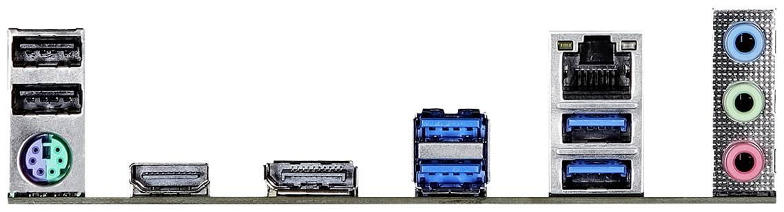 Rückseite eines Computer-Motherboards mit verschiedenen Anschlüssen: USB, HDMI, Ethernet und Audioeingänge in verschiedenen Farben.