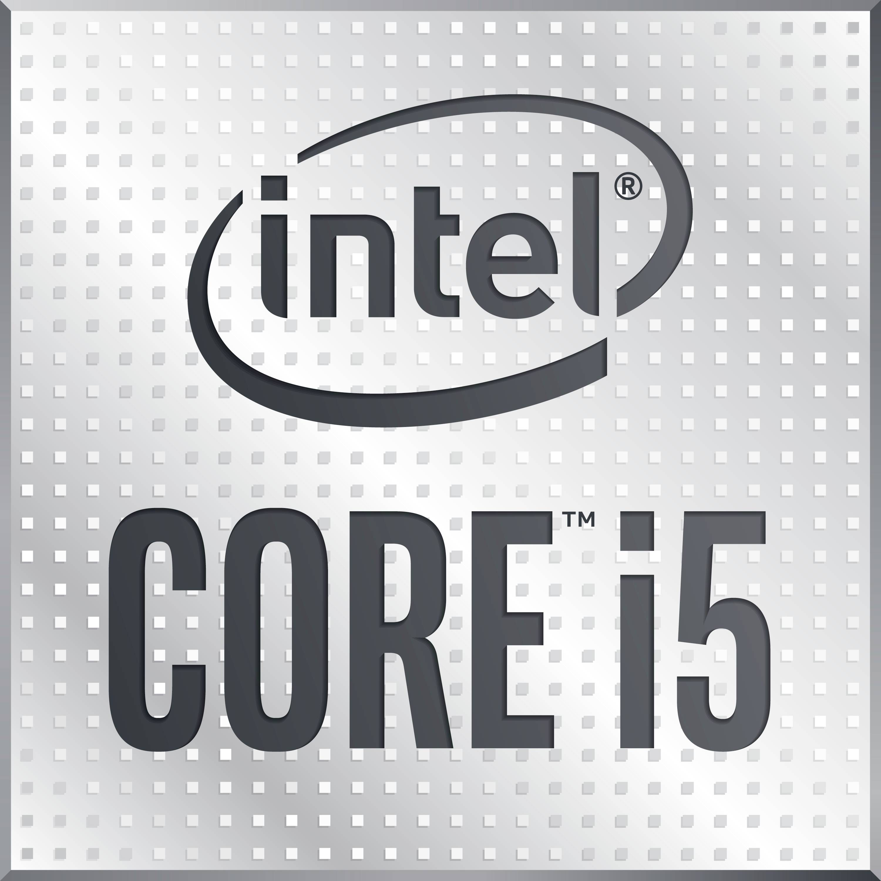 'Intel Core i5'-Logo auf grauem, gepunktetem Hintergrund.