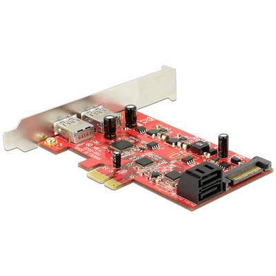 'Rote PCIe-Karte mit USB- und SATA-Anschlüssen, verwendet zur Erweiterung eines Computers für zusätzliche Anschlussmöglichkeiten.'