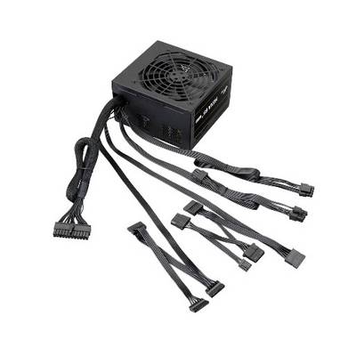 Ein schwarzes Computernetzteil mit mehreren angeschlossenen Kabeln und Steckverbindern.