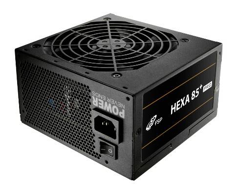 Ein FSP Hexa 85+ PRO Netzteil mit schwarzem Gehäuse, Lüfter und Ein-/Ausschalter. Eignet sich für Computergehäuse.