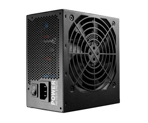Schwarzes Computernetzteil mit Lüfter und der Aufschrift 'POWER NEVER ENDS'. Es verfügt über verschiedene Anschlussmöglichkeiten.
