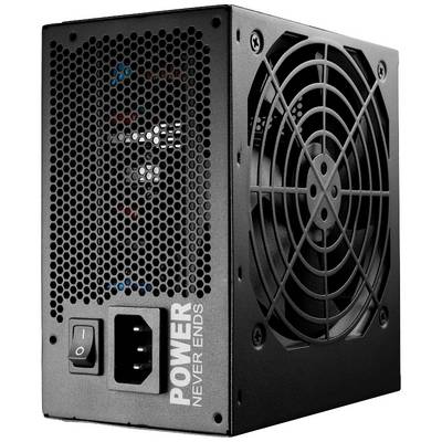 Schwarzes Computer-Netzteil mit Lüfter und Schalter, Aufschrift 'POWER NEVER ENDS'.