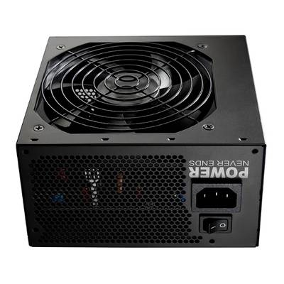 Ein schwarzes PC-Netzteil mit Lüfter und Netzschalter. Oben steht 'POWER NEVER ENDS'. Es ist für die Stromversorgung eines Computers.