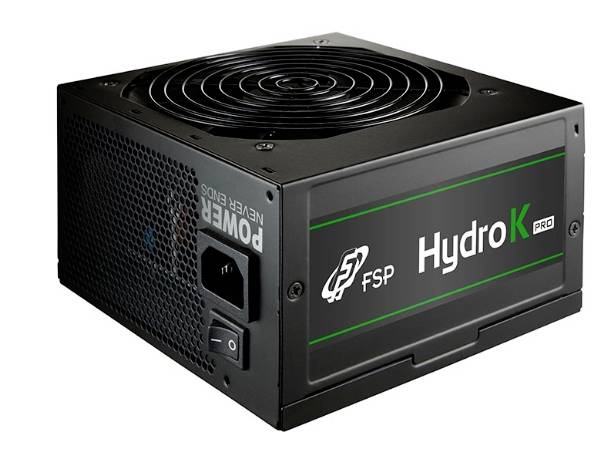 Netzteil von FSP, Modell 'Hydro K Pro', schwarzes Design mit grünem Etikett, Lüfter oben, Anschlüsse an der Vorderseite.