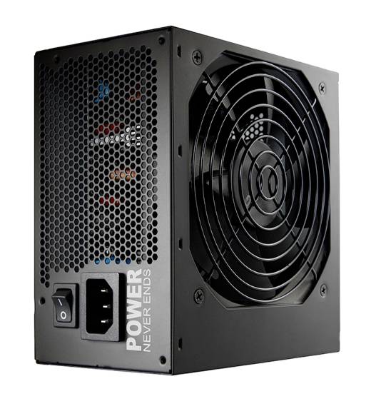 Ein schwarzes PC-Netzteil mit Lüfter vorne und der Aufschrift 'Power Never Ends'.