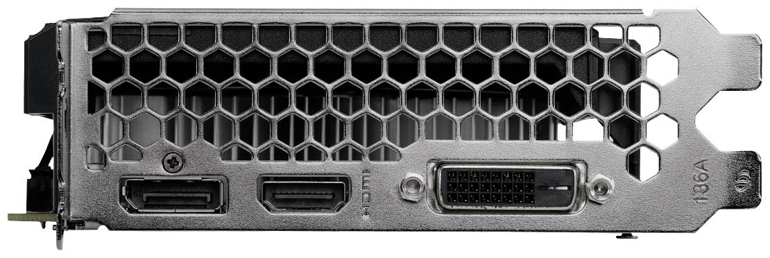 'Metallplatte mit Gittermuster, enthält HDMI- und DVI-Anschlüsse, vermutlich Teil einer Computer-Grafikkarte.'