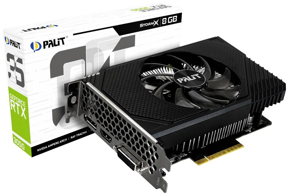 Eine Palit GeForce RTX 3050 Grafikkarte mit 8 GB Speicher, schwarze Lüfterabdeckung, vor der Packung platziert.