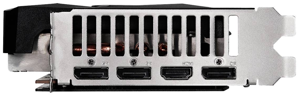 Eine Grafikkarte mit drei DisplayPort-Anschlüssen und einem HDMI-Anschluss auf der Rückseite, geeignet für Computerverbindungen.