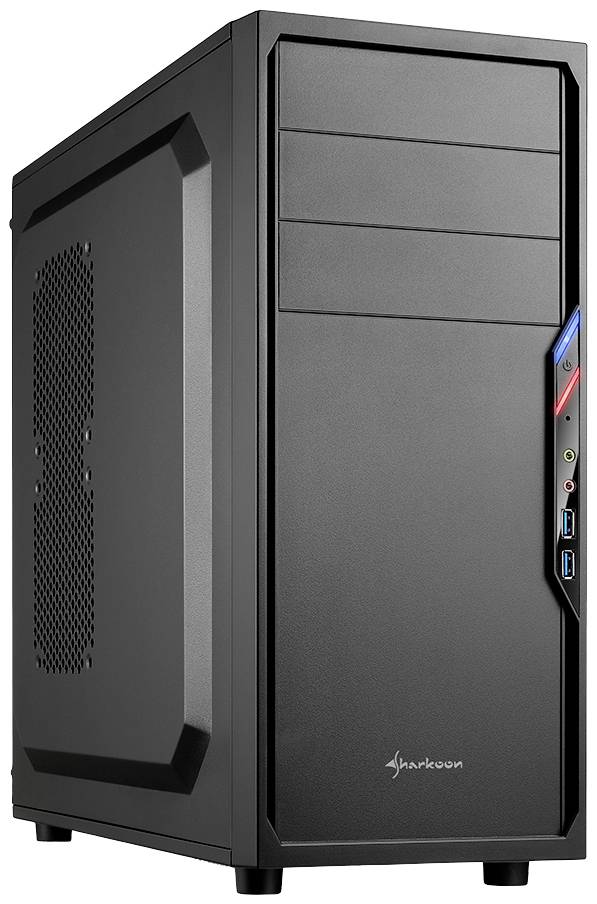 Ein schwarzes Computergehäuse mit USB-Anschlüssen und Lüftungsschlitzen an der Seite und vorne. Perfekt für Desktop-PCs.