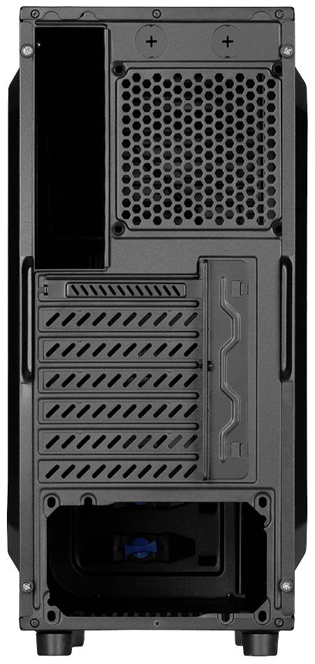 Rückseite eines Computergehäuses mit Lüftungsgittern, mehreren Erweiterungssteckplätzen und Platz für Netzteil.