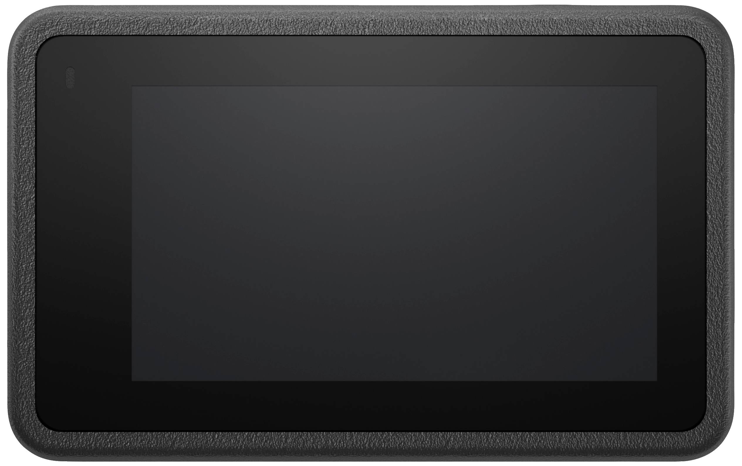 Ein schwarzes, rechteckiges Gerät mit einem Display in der Mitte und einem strukturierten Rahmen; vermutlich ein elektronisches Gadget.