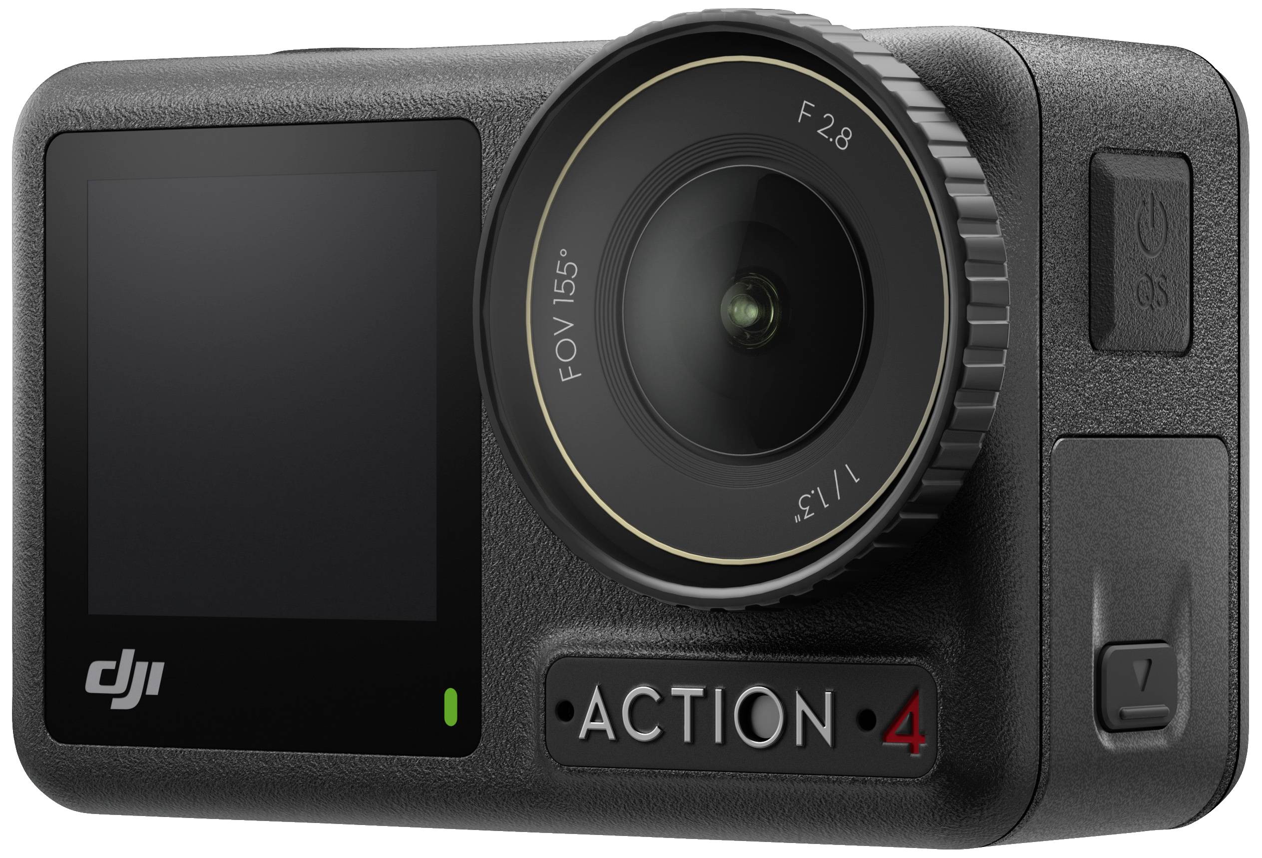 Schwarze Action-Kamera mit Objektiv und Display. Auf der Vorderseite steht 'Action 4'. Ideal für Outdoor-Aufnahmen und Sport.