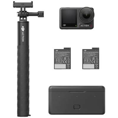 'DJI Action 4'-Kamera-Set mit Selfie-Stick, zwei Ersatzakkus und einem Ladegerät.