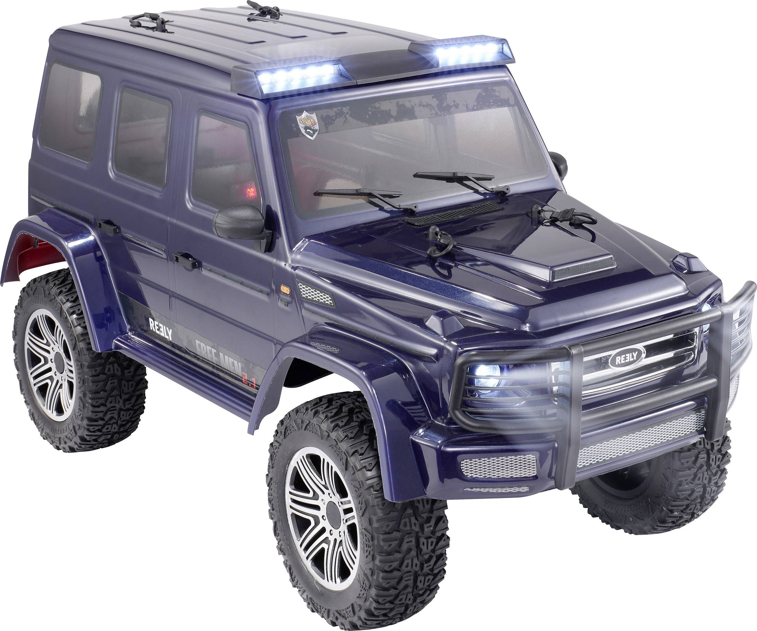 Ein ferngesteuerter blauer Geländewagen mit robusten Reifen und vier LED-Leuchten auf dem Dach.