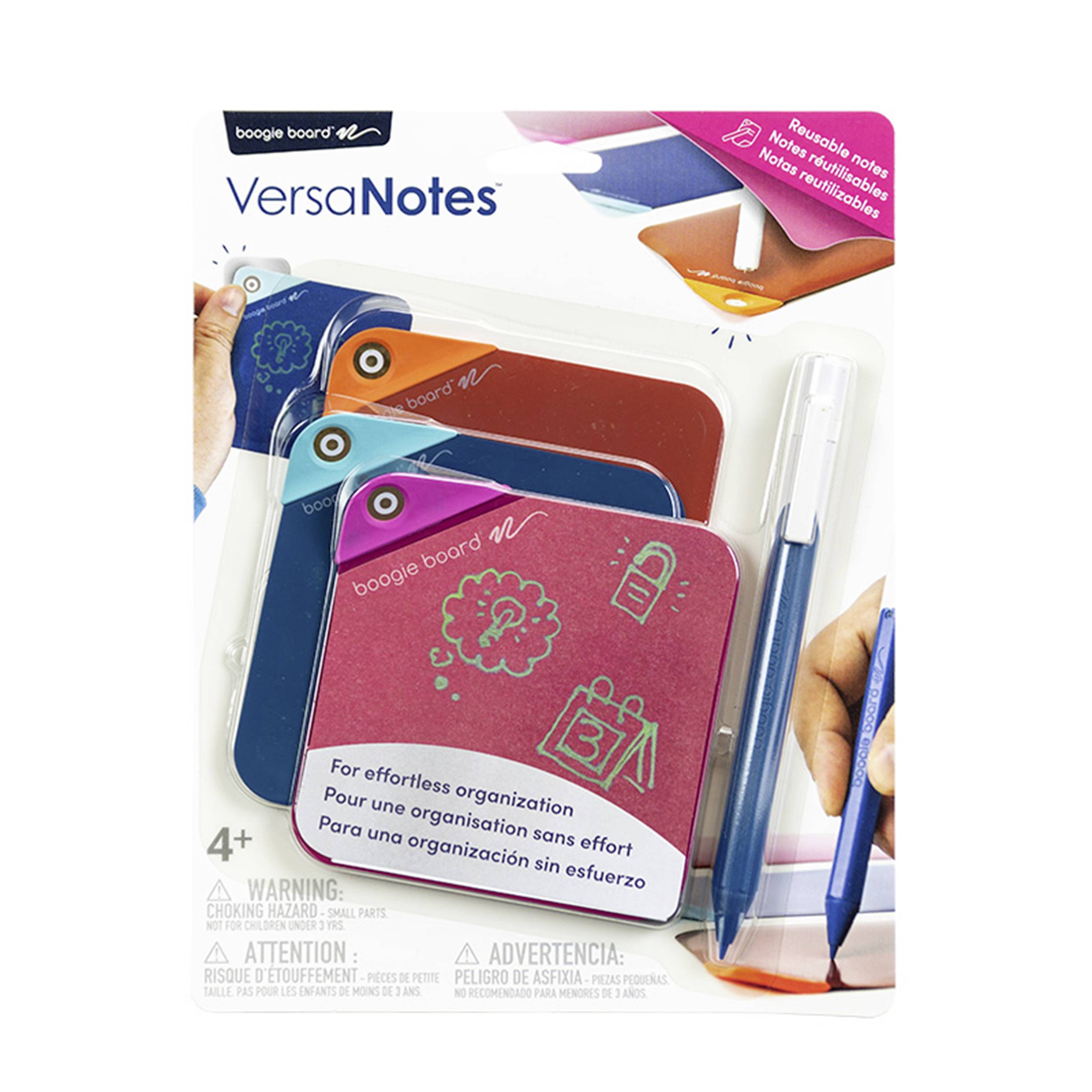 Verpackung von 'VersaNotes' mit 3 Memoboards in verschiedenen Farben, einem Stift und Illustrationen zur einfachen Organisation. Geeignet für Kinder ab 4 Jahren.