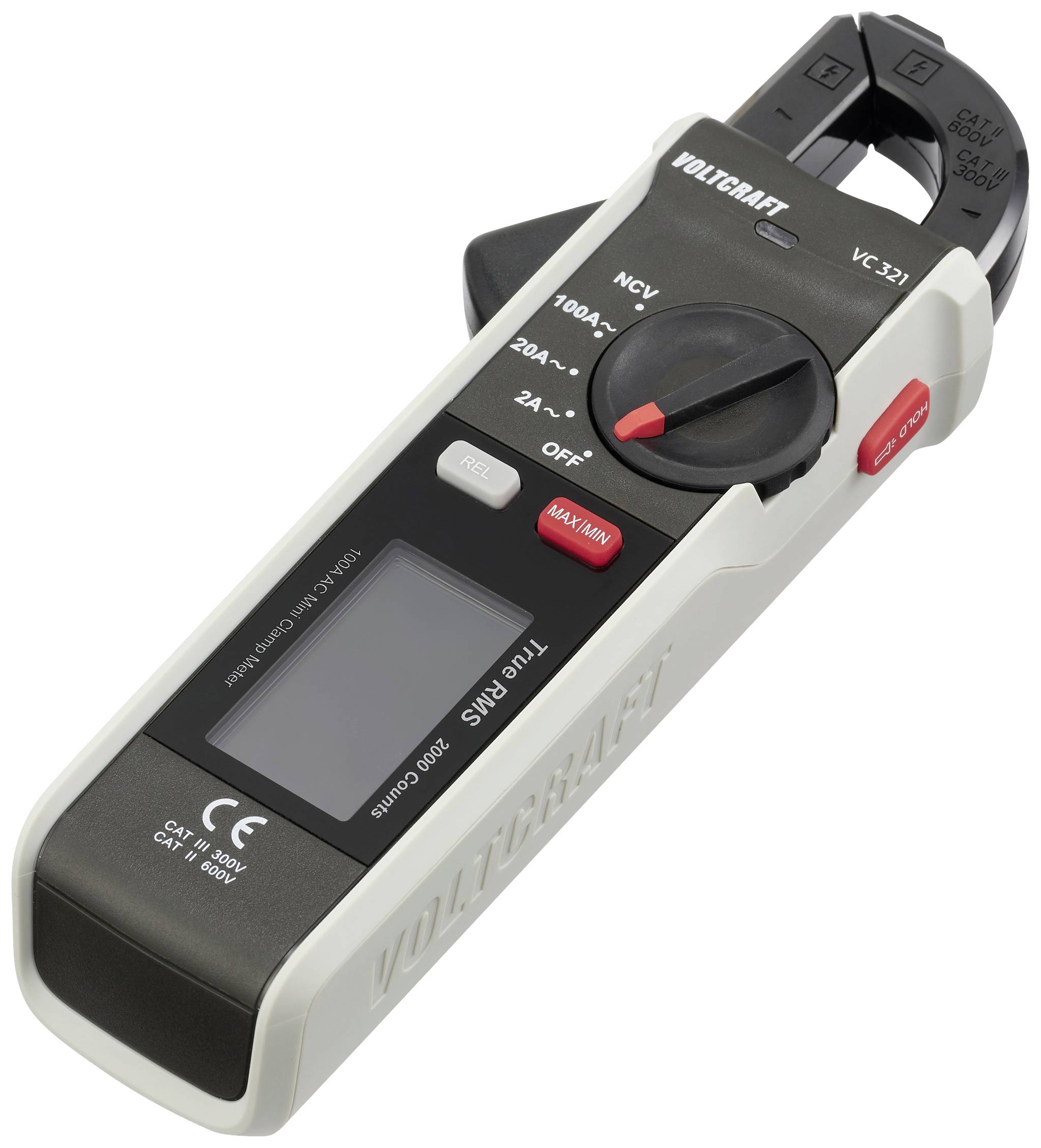 Ein digitales Multimeter mit Zangenmessfunktion, geeignet für Messung von Strom, Spannung und Widerstand, mit LCD-Anzeige und Einstellknopf.