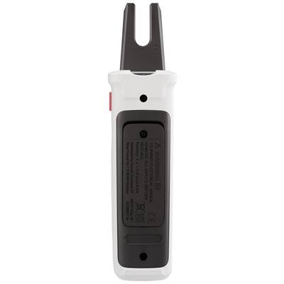 Ein elektronisches Gerät mit einem Gabelaufsatz und einem schwarzen Kontrollbereich. Es hat Sicherheits- und Stromkennzeichnungen.