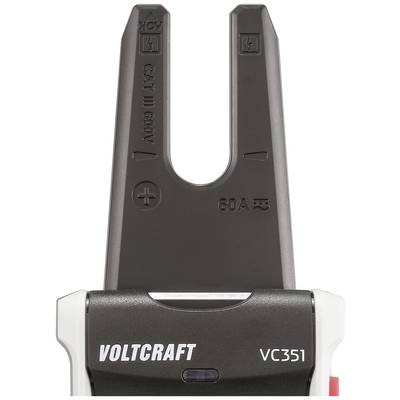 Spannungsprüfer 'Voltcraft VC351', zeigt Kategorie und Spannungskapazität an. Schwarze und weiße Farben, mit Plus- und Minuszeichen.