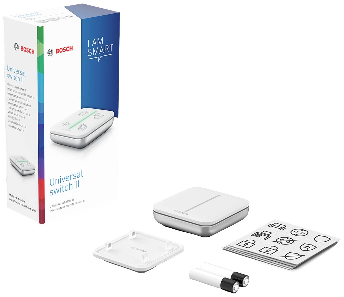 Bosch Universal Switch II: Verpackung mit Logo und Leitspruch 'I am smart', zeigt Fernbedienung, Symbole und Zubehör auf weißem Hintergrund.