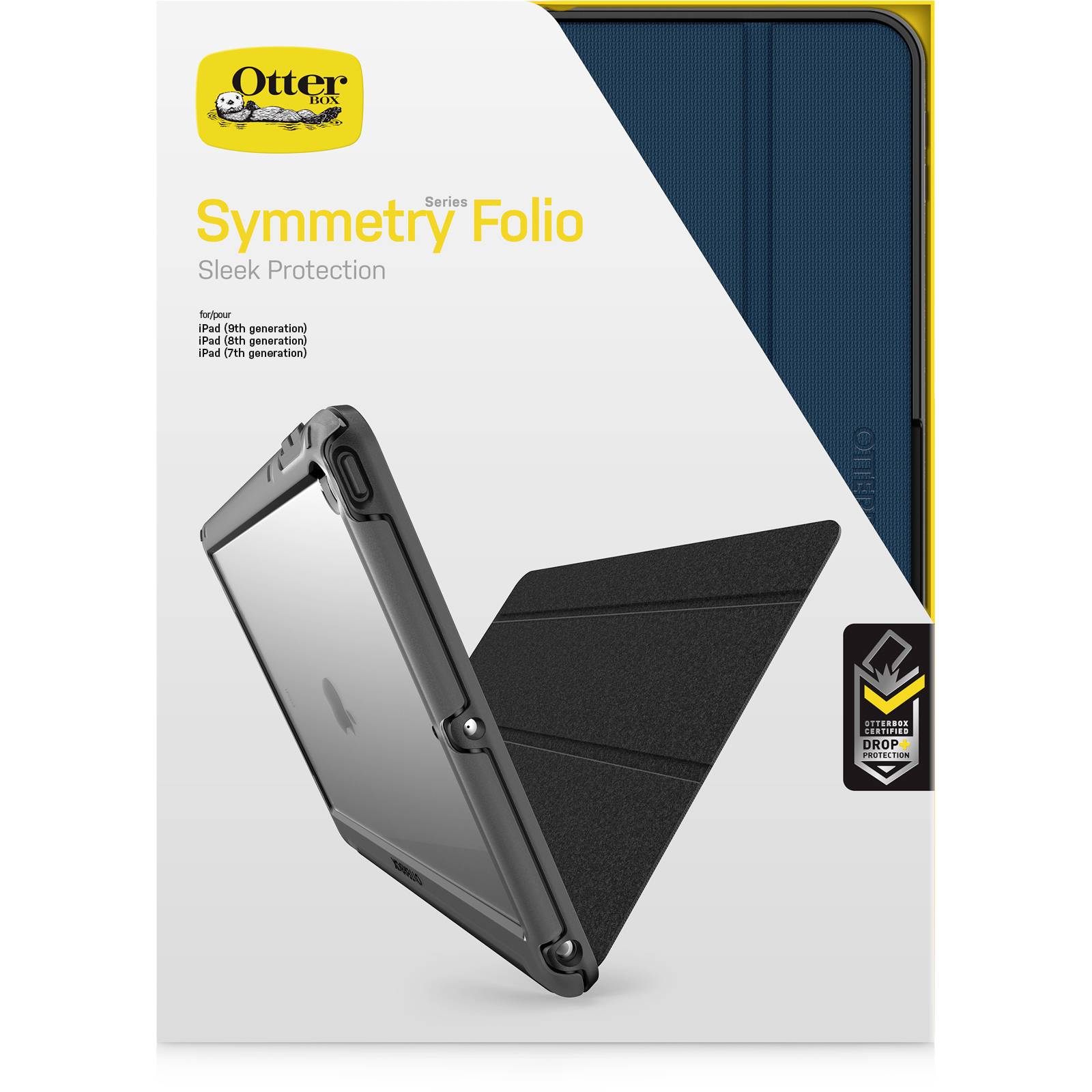Eine Verpackung für eine OtterBox Symmetry Folio Schutzhülle, geeignet für iPad Modelle der 7., 8. und 9. Generation.