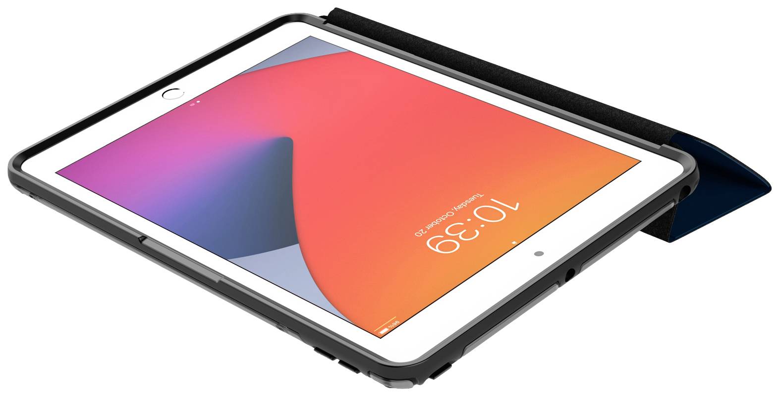 Ein Tablet mit bunter Bildschirmansicht zeigt die Uhrzeit 10:39 an und ist in einem schwarzen Schutzgehäuse mit aufgeklappter Abdeckung.