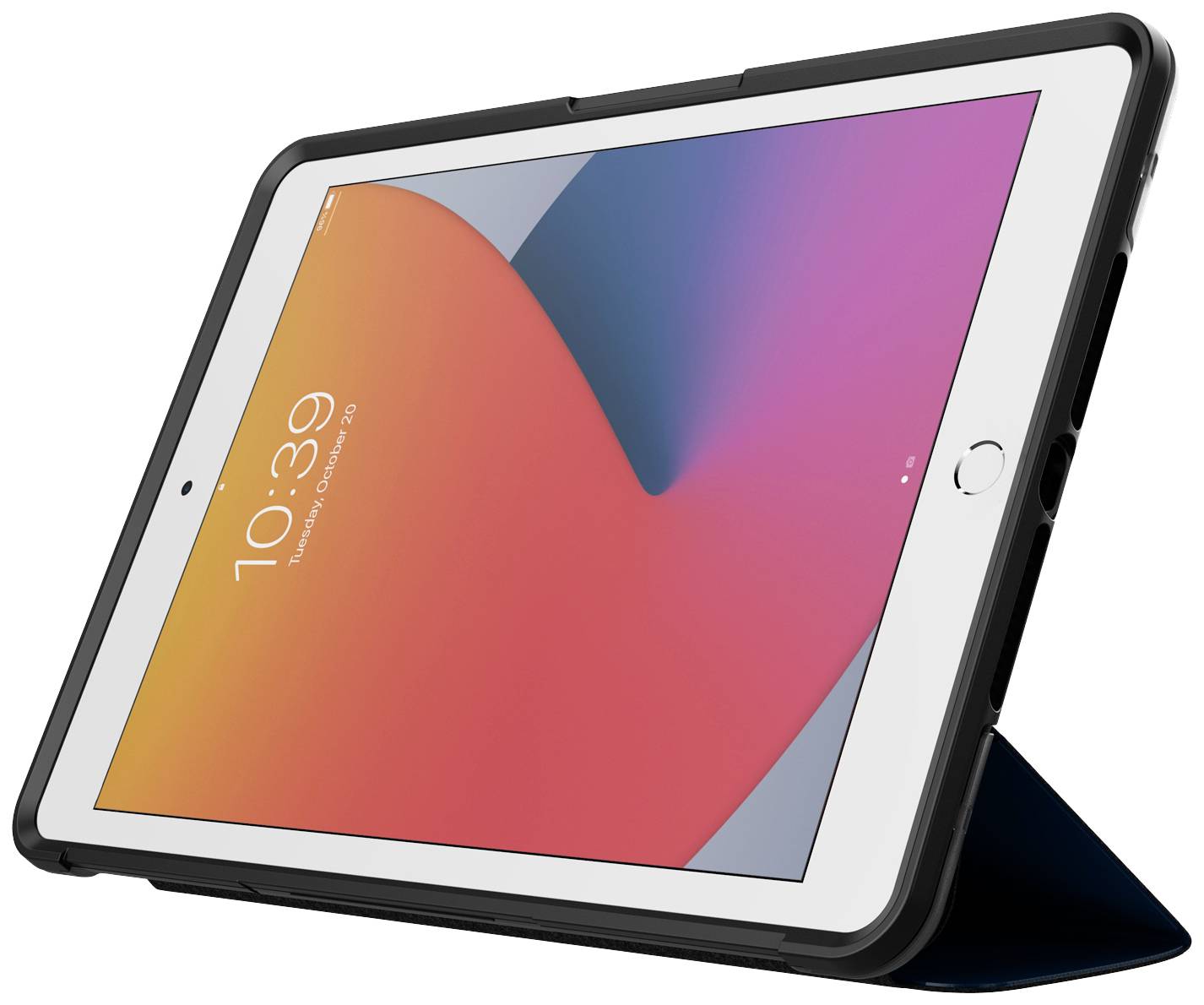 Ein Tablet mit schwarzem Rahmen und buntem Bildschirm steht aufrecht in einer schützenden Hülle, Uhrzeit zeigt 10:39.