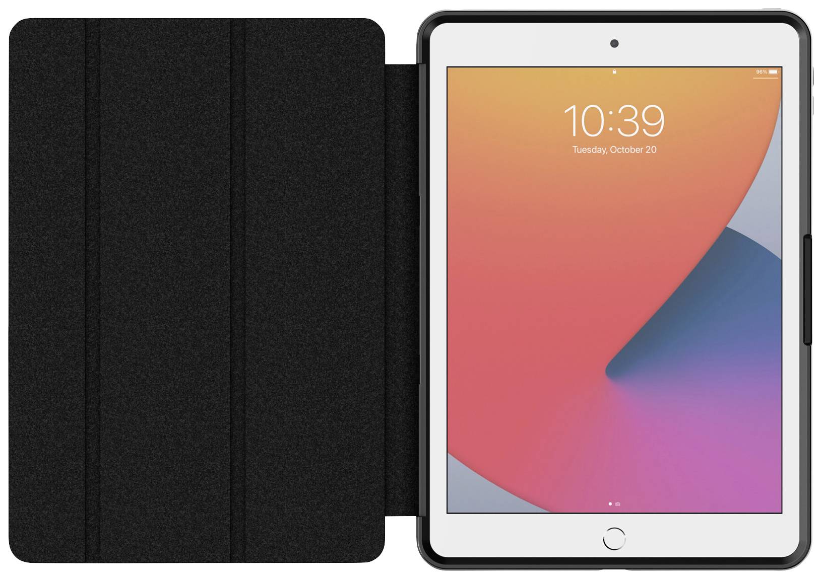 Ein Tablet mit offenem schwarzen Schutzcover zeigt auf dem Bildschirm die Uhrzeit 10:39 und das Datum Dienstag, 20. Oktober.