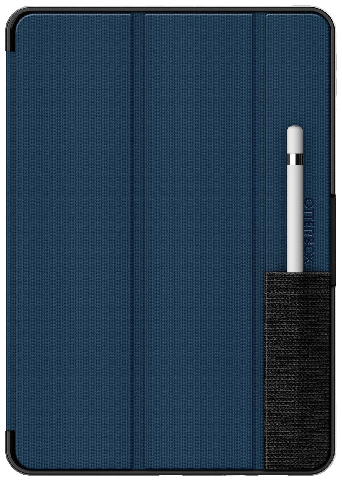 Ein dunkelblaues Tablet-Etui mit Stifthalter an der Seite, in dem ein weißer Stift steckt.