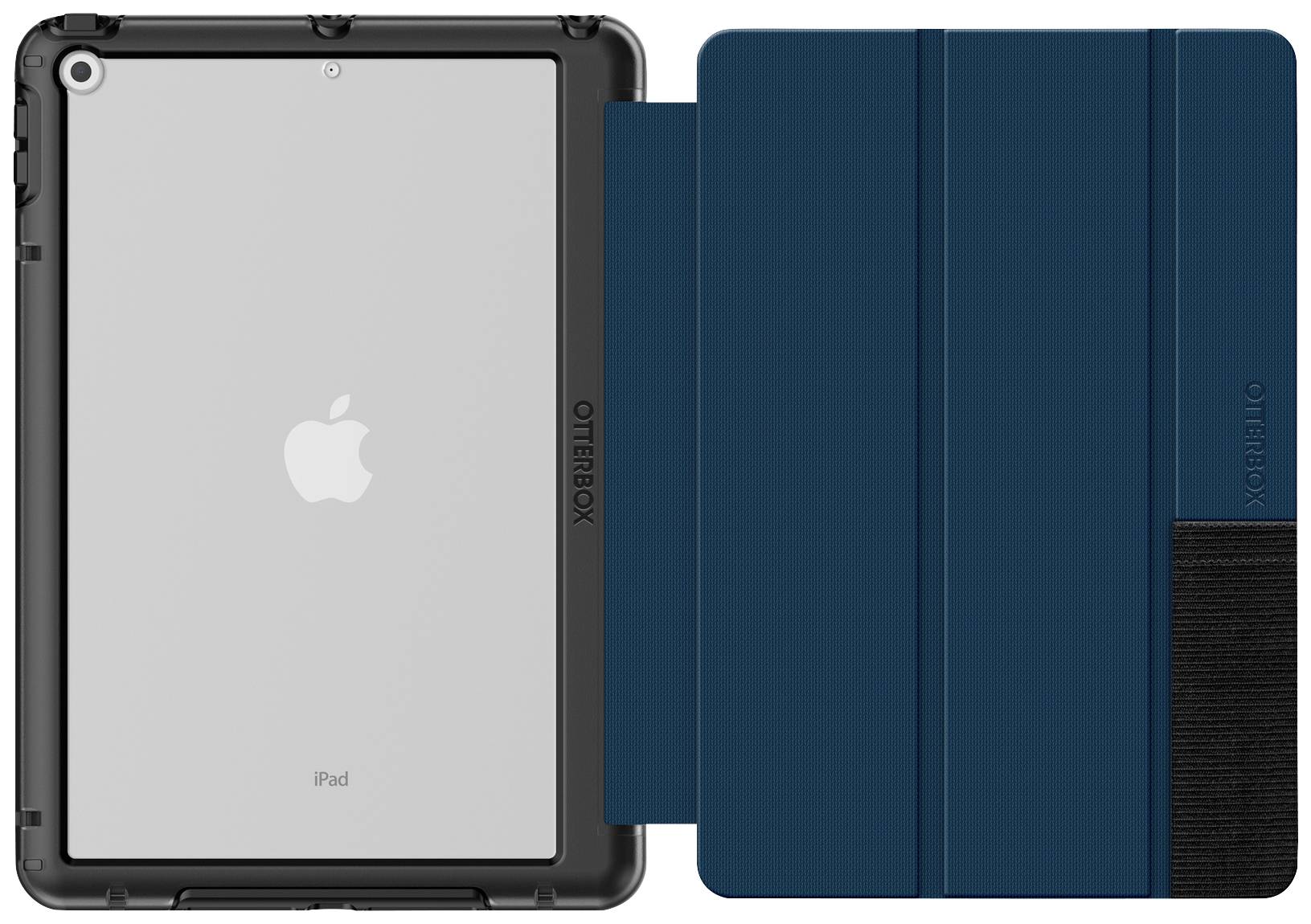 Ein iPad mit einer schwarzen Schutzhülle und einem dunkelblauen klappbaren Cover von OtterBox, das den Bildschirm schützt.