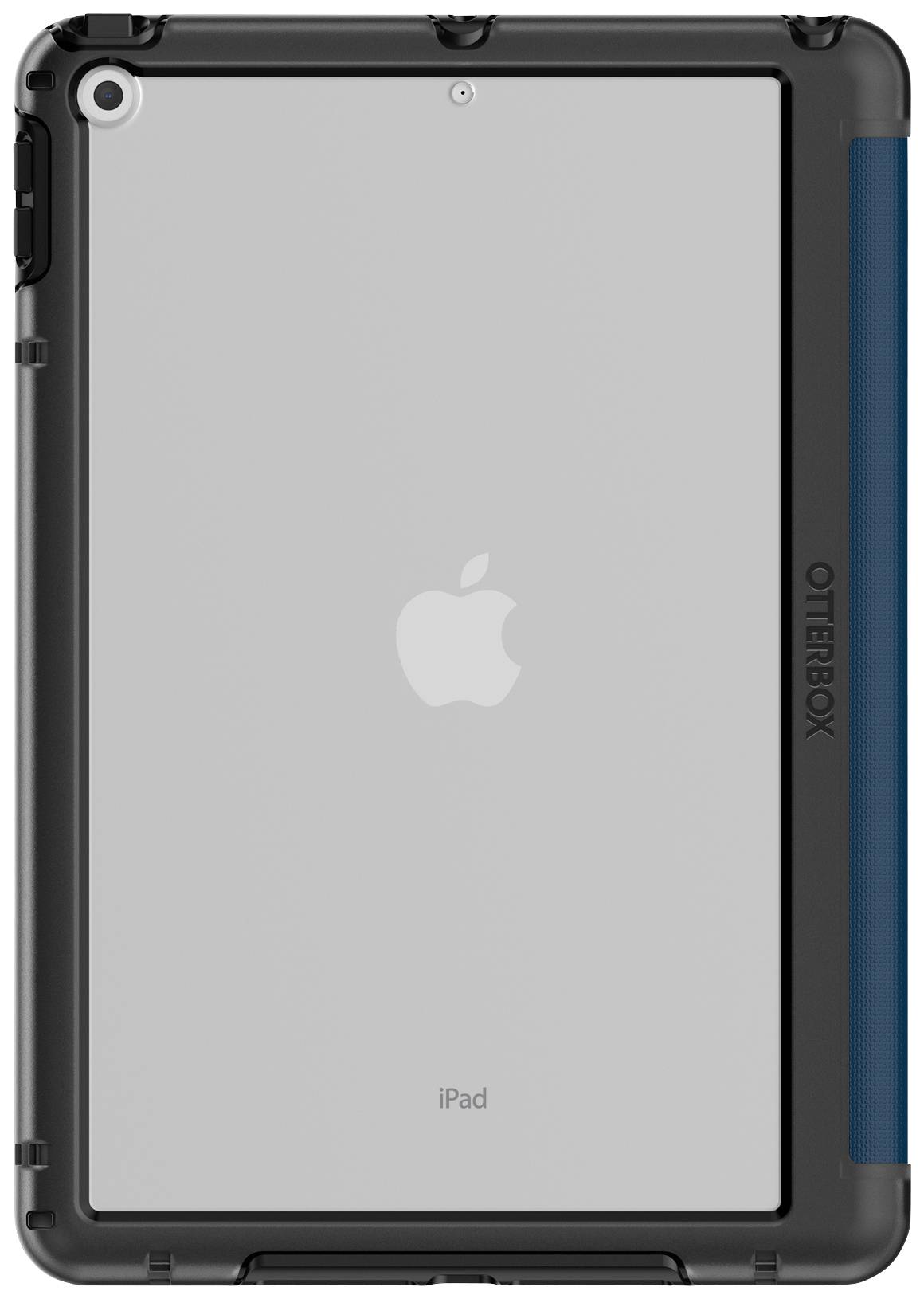 Eine Rückansicht eines Tablets in einer robusten Schutzhülle. Das Apple-Logo ist sichtbar.