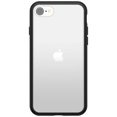 Ein Smartphone mit schwarzer Schutzhülle und sichtbarem Apfel-Logo auf der Rückseite.