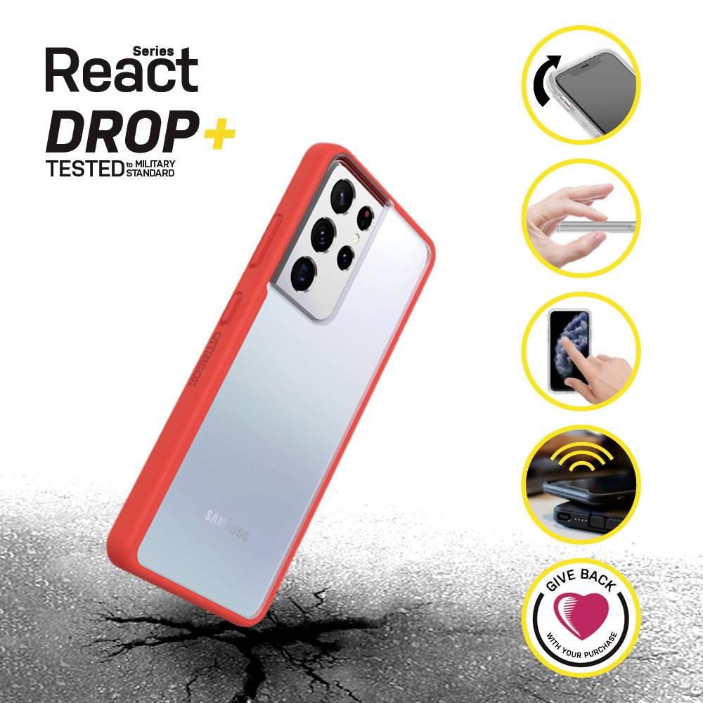 Ein Smartphone in einer roten Schutzhülle schwebt in der Luft. Symbole zeigen Stoßfestigkeit, Griffigkeit und kabelloses Aufladen. Logo: 'React Drop+'.