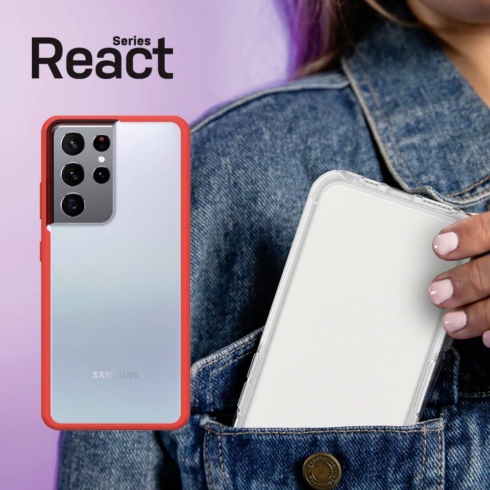 Person hält ein Smartphone mit glänzender Rückseite in der Hand. Links daneben ist das Smartphone in einer schützenden roten Hülle abgebildet. Oben links steht 'Samsung React Serie'.