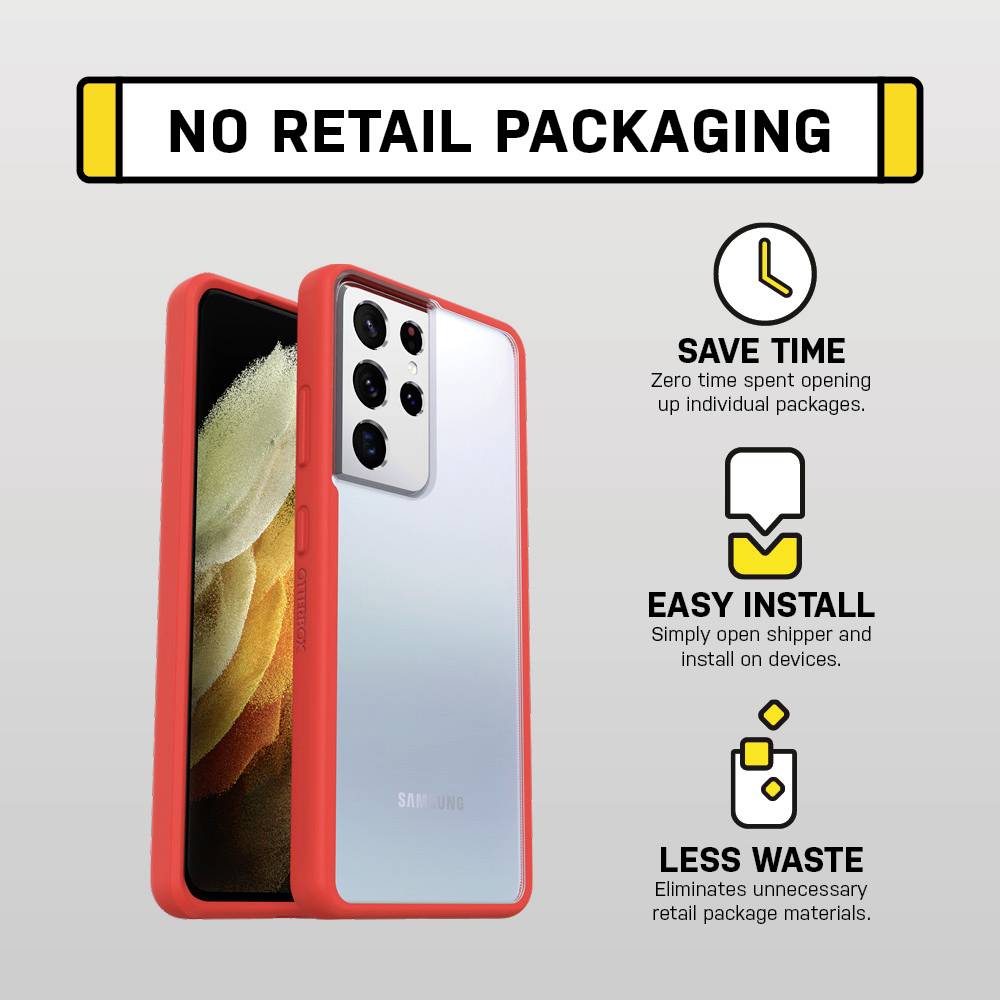 Smartphone in roter Hülle. Text: 'Keine Einzelhandelsverpackung'. Vorteile: Zeit sparen, einfache Installation, weniger Abfall.