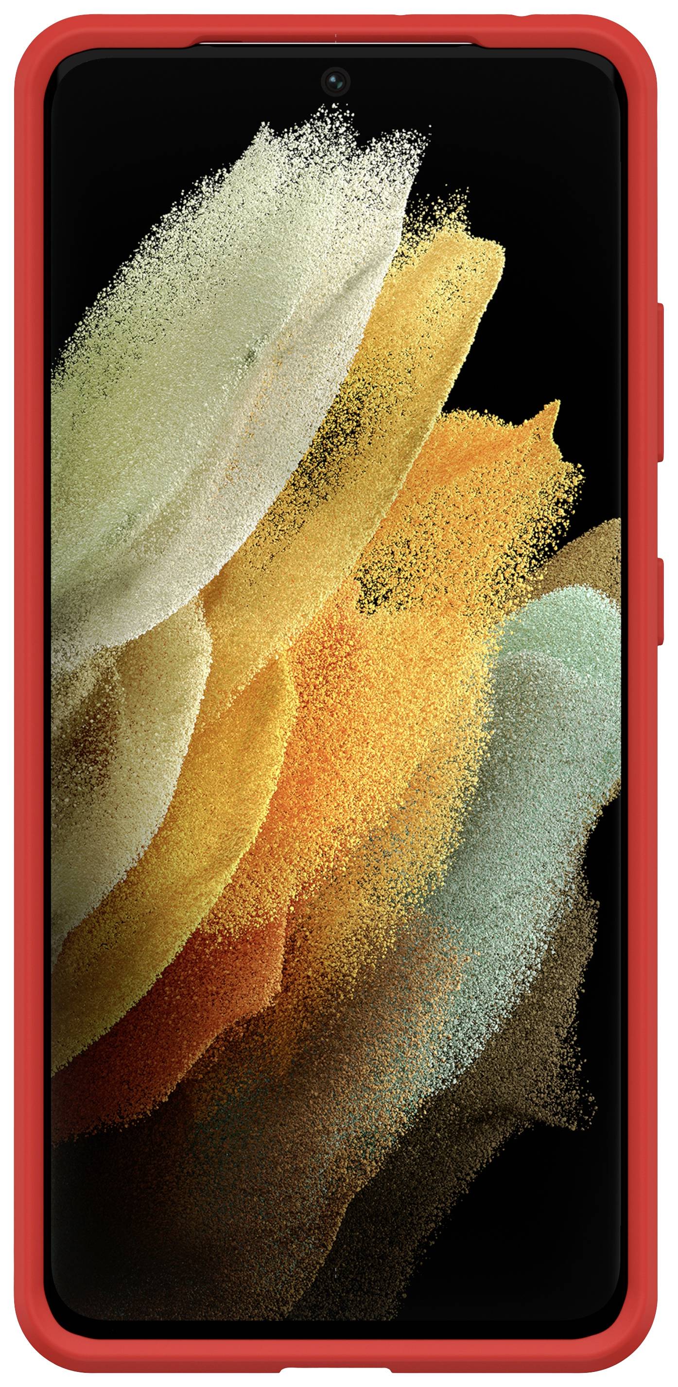 Smartphone mit roter Hülle, zeigt dynamisches, farbenfrohes Hintergrundbild in Gelb-, Orange- und Grüntönen auf dem Bildschirm.