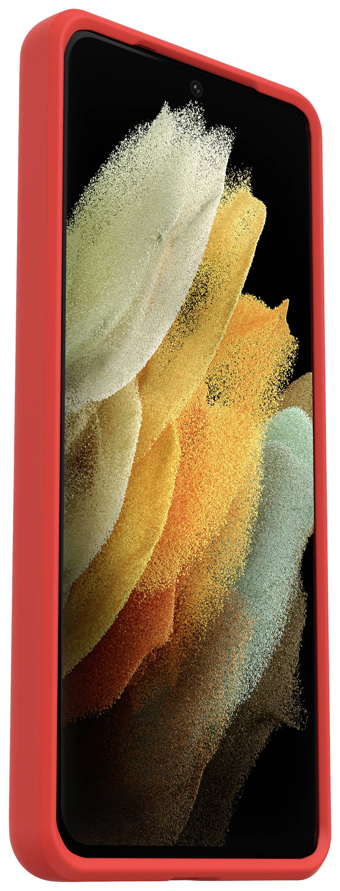 Smartphone in roter Schutzhülle, Display zeigt farbige abstrakte Muster in Gelb, Orange und Grün.