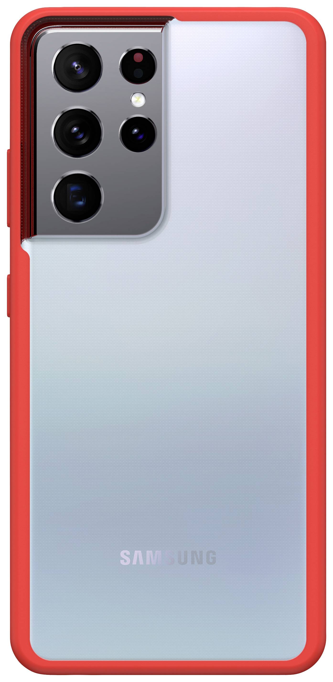 Rückansicht eines grauen Samsung-Smartphones mit roter Schutzhülle, zeigt das Kamera-Modul mit mehreren Linsen.