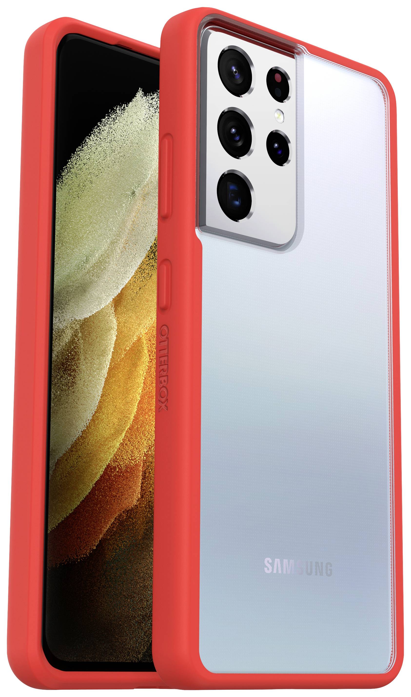 Ein Smartphone in einer roten Schutzhülle. Die Hülle hat Aussparungen für die Kameras und Tasten. Die Rückseite ist transparent.