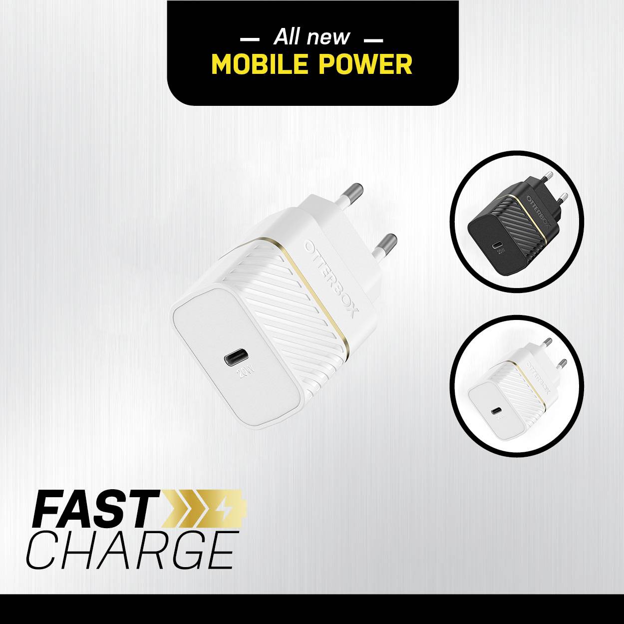Ein weißes Ladegerät mit USB-C-Anschluss und der Aufschrift 'Fast Charge' wird beworben. Es steht 'Alle neuen Mobilen Netzteile' darüber.