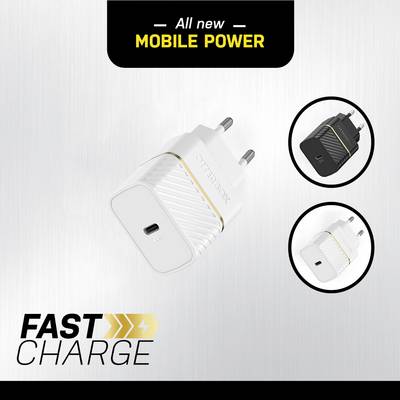 Ein weißes Ladegerät mit USB-C-Anschluss und der Aufschrift 'Fast Charge' wird beworben. Es steht 'Alle neuen Mobilen Netzteile' darüber.