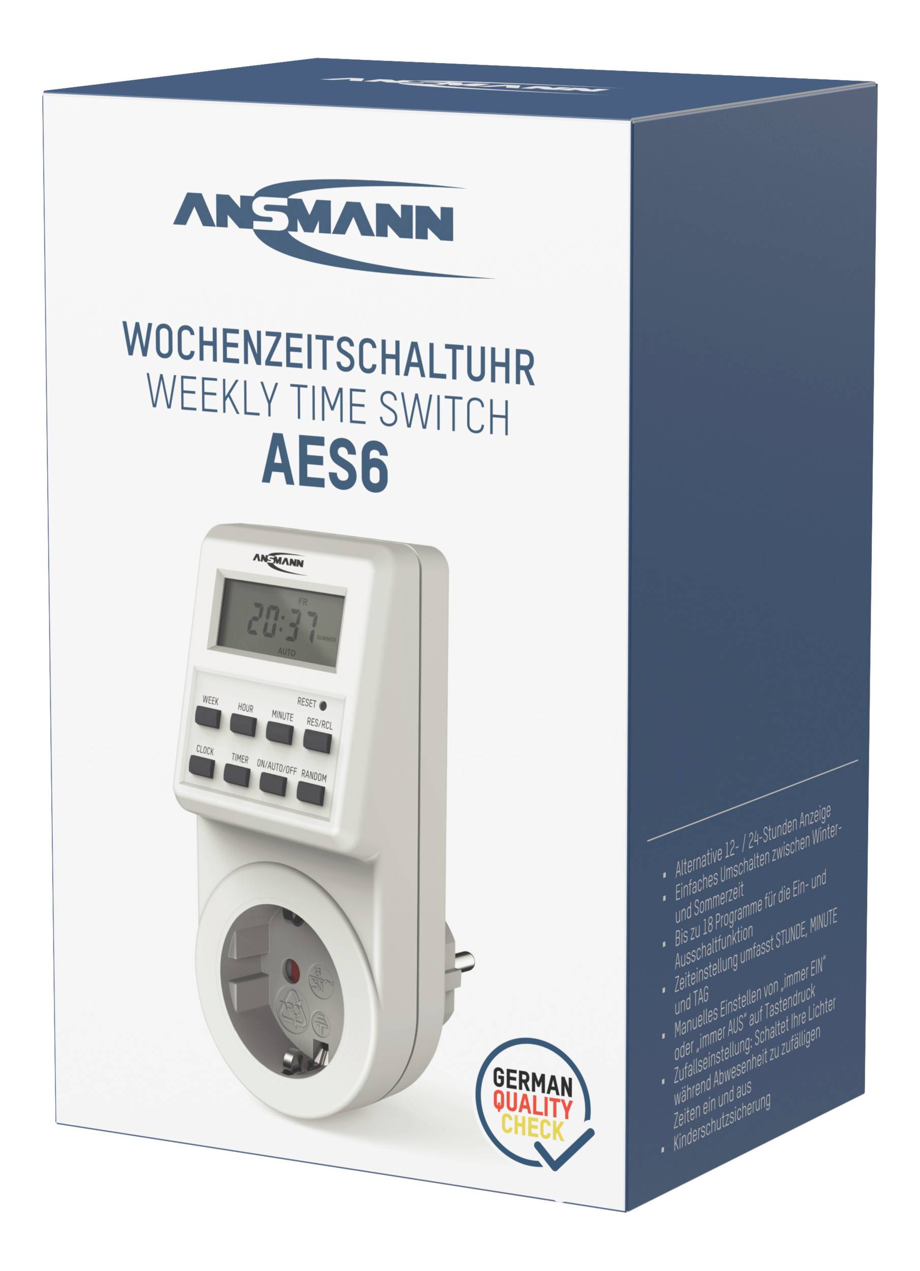 Verpackung einer Wochenzeitschaltuhr 'AES6' von Ansmann mit Display und Tasten. Abgebildet mit 'German Quality Check' Siegel.