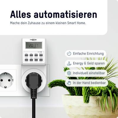 Eine Steckdose mit Zeitschaltuhr zeigt 'Alles automatisieren'. Text: 'Einfache Einrichtung', 'Energie & Geld sparen', 'In der Hand bedienbar'.