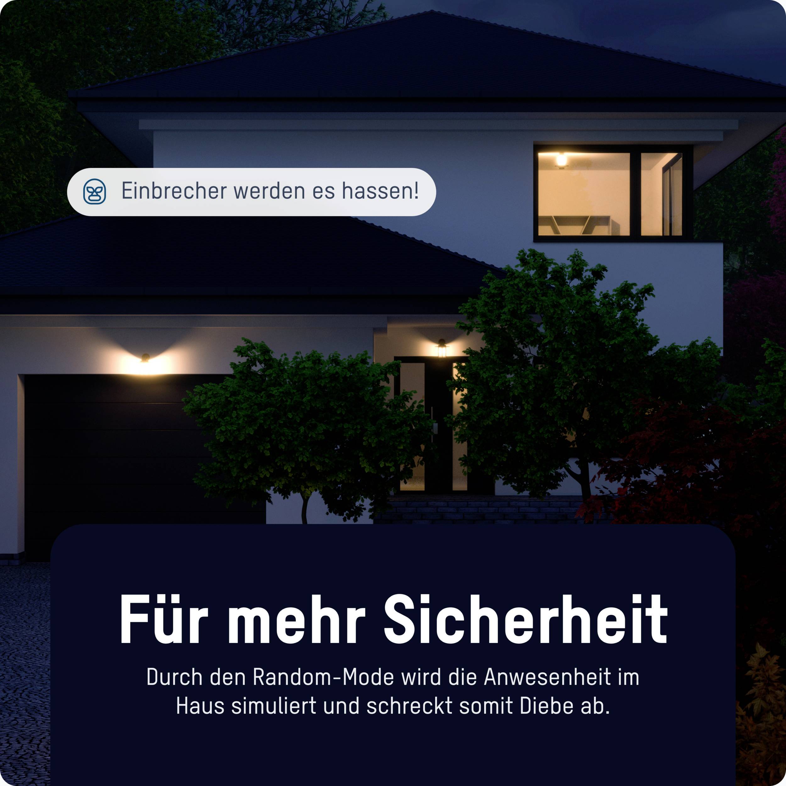 Ein modernes Haus bei Nacht mit beleuchteten Fenstern; 'Einbrecher werden es meiden und schreckt somit Diebe ab. Durch den Random-Mode wird die Anwesenheit im Haus simuliert.'