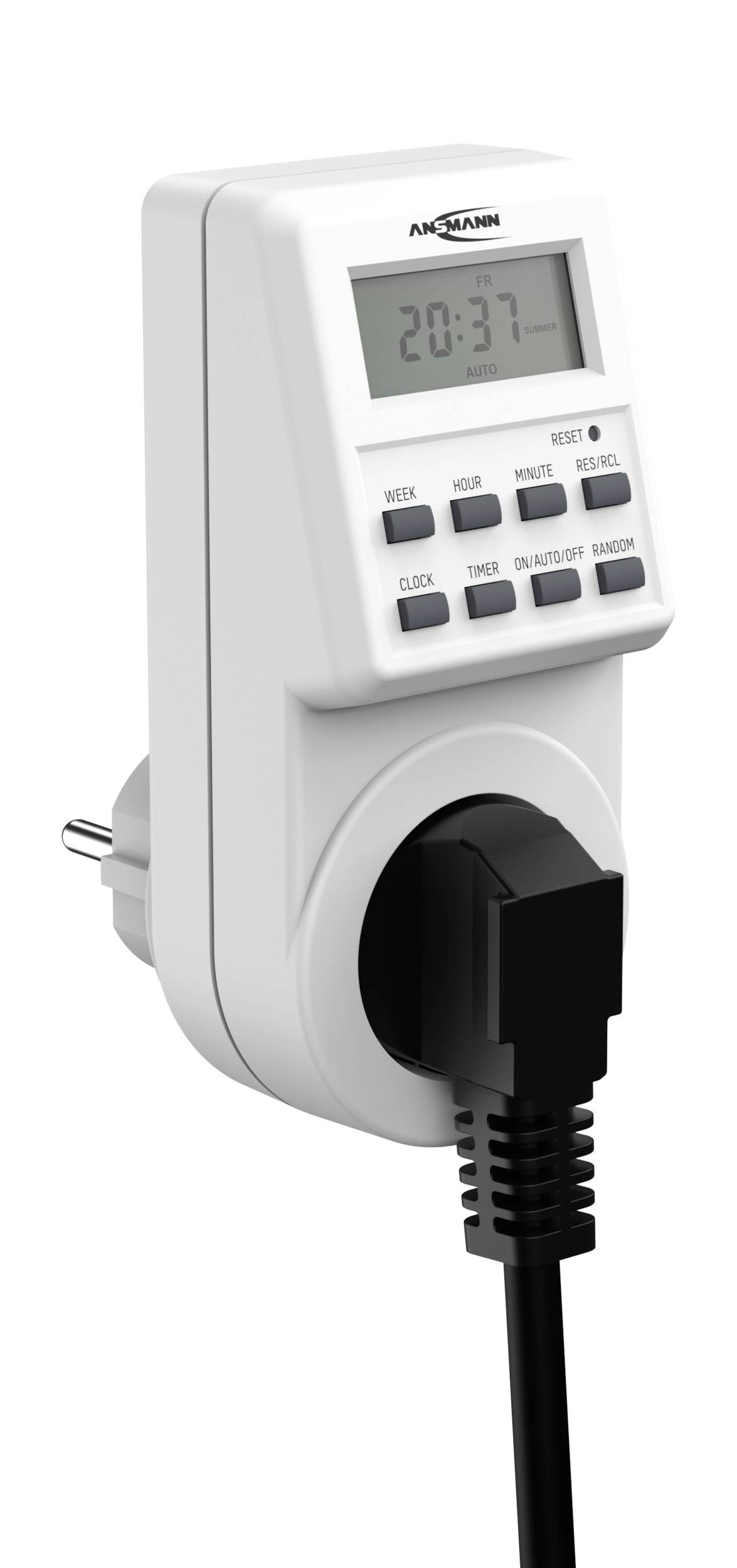 Digitale Zeitschaltuhr in Steckdose mit LCD-Anzeige. Zeigt Zeit an, hat Tasten für Einstellungen und Steckdose für Stromkabel.